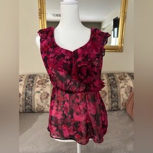Express Floral Ruffle Blouse - Fuchsia and Black